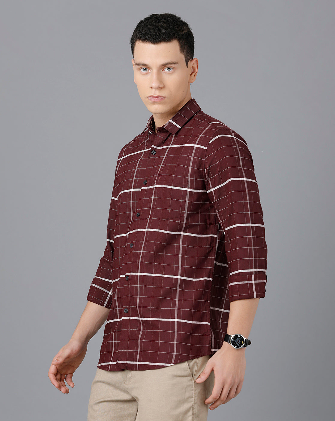 Classic Polo Mens Cotton Full Sleeve Checked Slim Fit Maroon Color Spread Collar Woven Shirt | Sn2-117 A