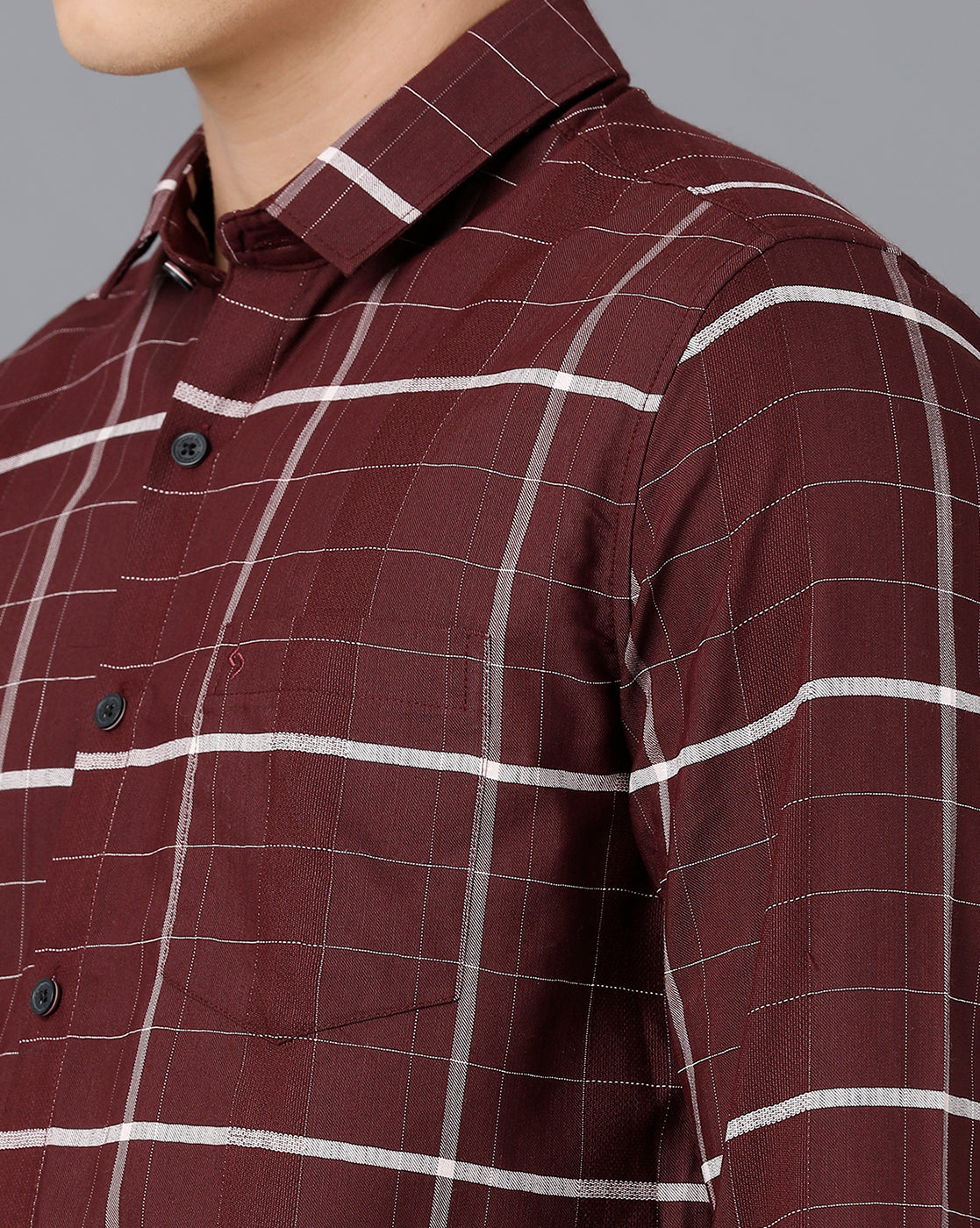 Classic Polo Mens Cotton Full Sleeve Checked Slim Fit Maroon Color Spread Collar Woven Shirt | Sn2-117 A