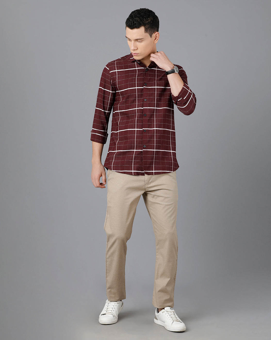 Classic Polo Mens Cotton Full Sleeve Checked Slim Fit Maroon Color Spread Collar Woven Shirt | Sn2-117 A