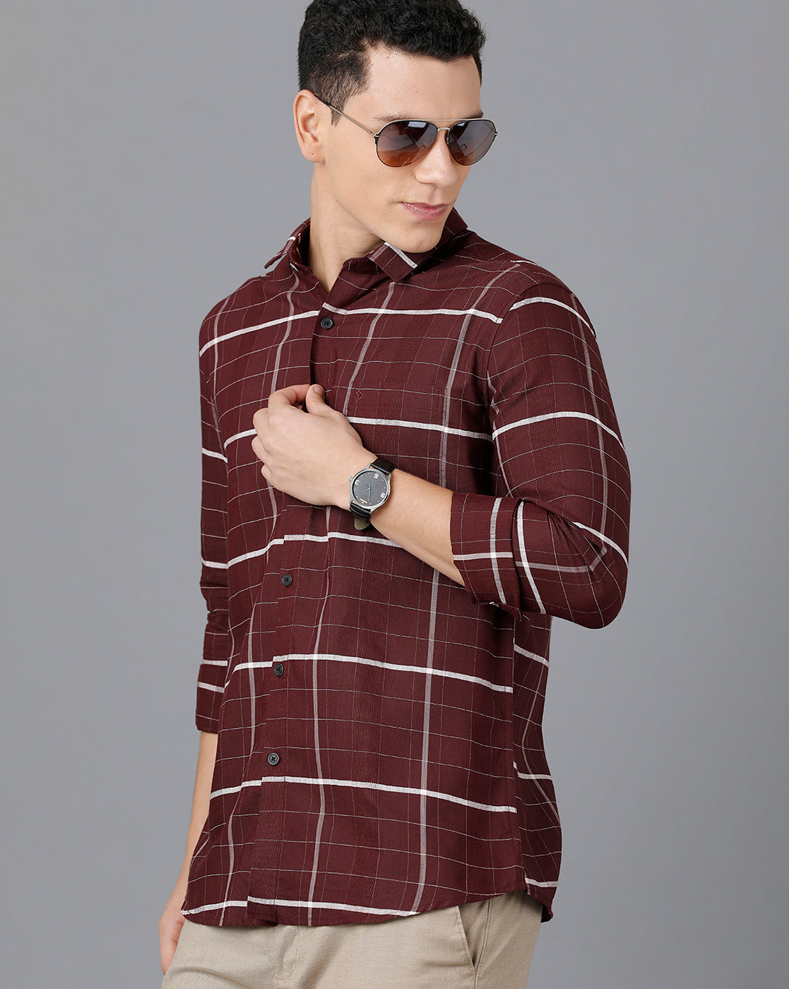 Classic Polo Mens Cotton Full Sleeve Checked Slim Fit Maroon Color Spread Collar Woven Shirt | Sn2-117 A