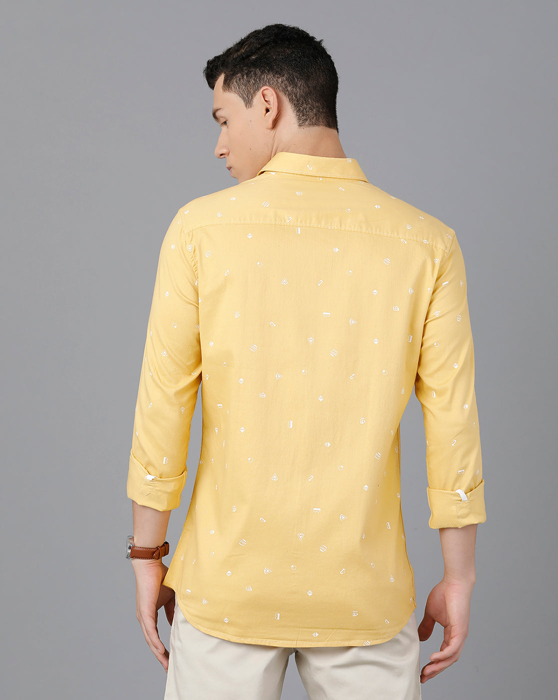 Classic Polo Mens Cotton Full Sleeve Printed Slim Fit Yellow Color Spread Collar Woven Shirt | Sn2-54 E
