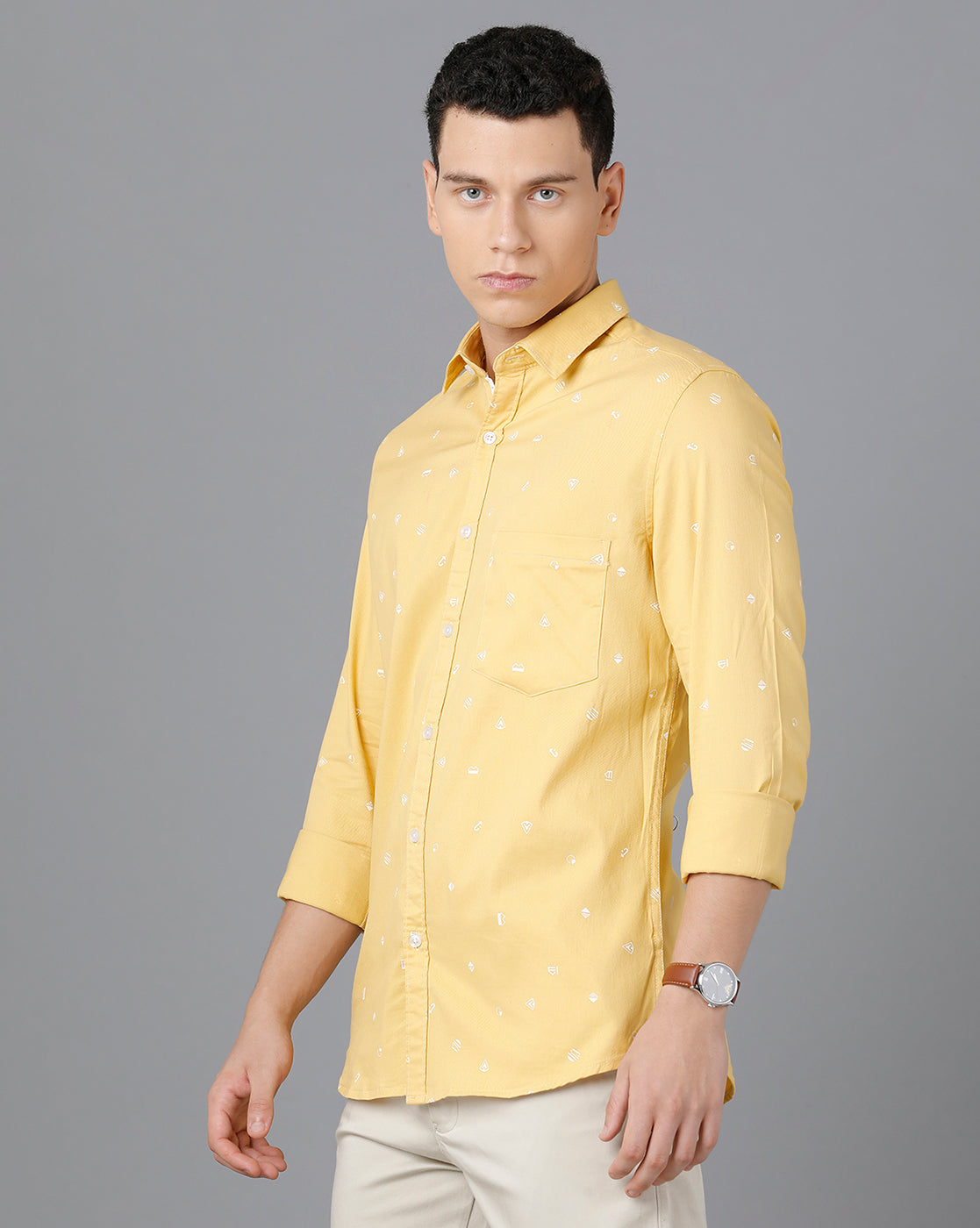 Classic Polo Mens Cotton Full Sleeve Printed Slim Fit Yellow Color Spread Collar Woven Shirt | Sn2-54 E