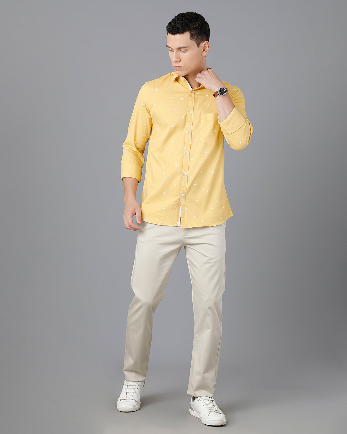 Classic Polo Mens Cotton Full Sleeve Printed Slim Fit Yellow Color Spread Collar Woven Shirt | Sn2-54 E