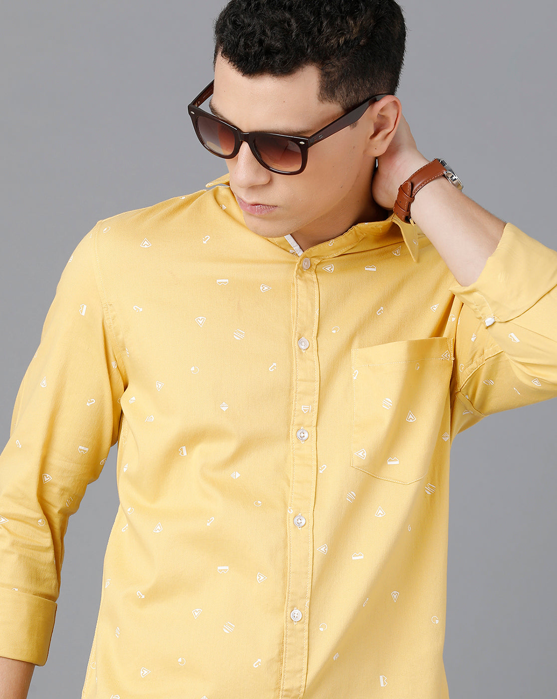Classic Polo Mens Cotton Full Sleeve Printed Slim Fit Yellow Color Spread Collar Woven Shirt | Sn2-54 E