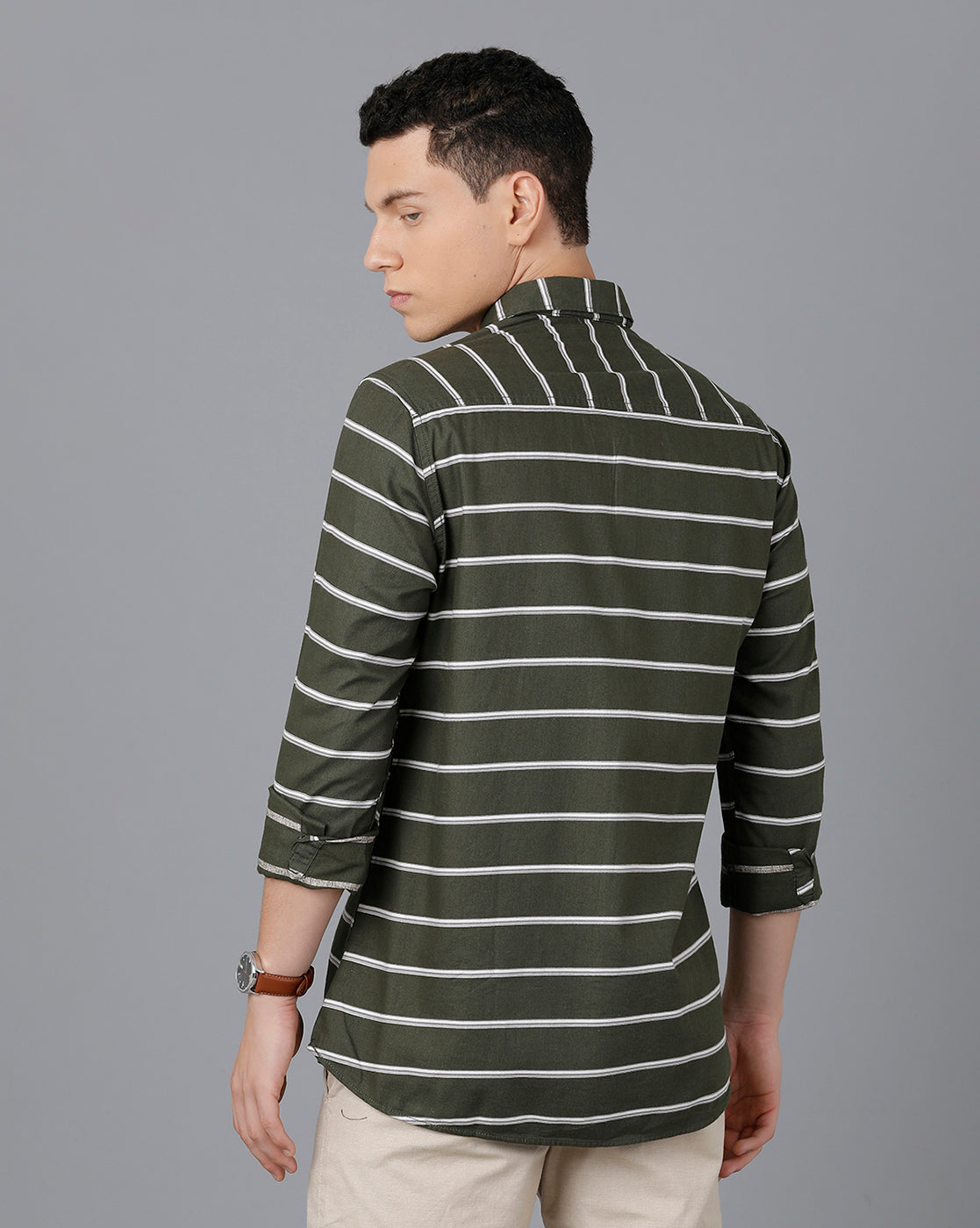 Classic Polo Mens Cotton Full Sleeve Striped Slim Fit Green Color Spread Collar Woven Shirt | Sn2-49 C