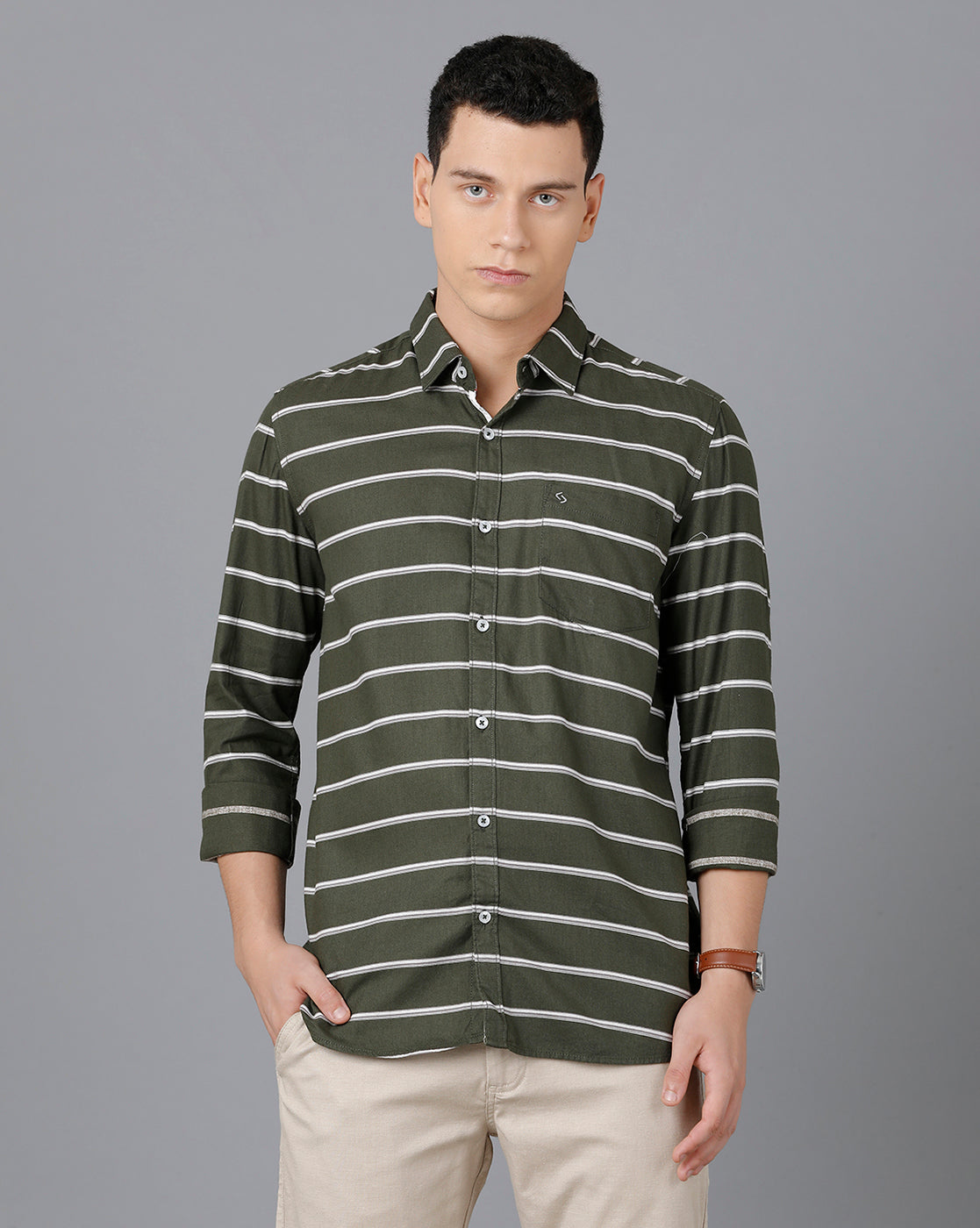 Classic Polo Mens Cotton Full Sleeve Striped Slim Fit Green Color Spread Collar Woven Shirt | Sn2-49 C