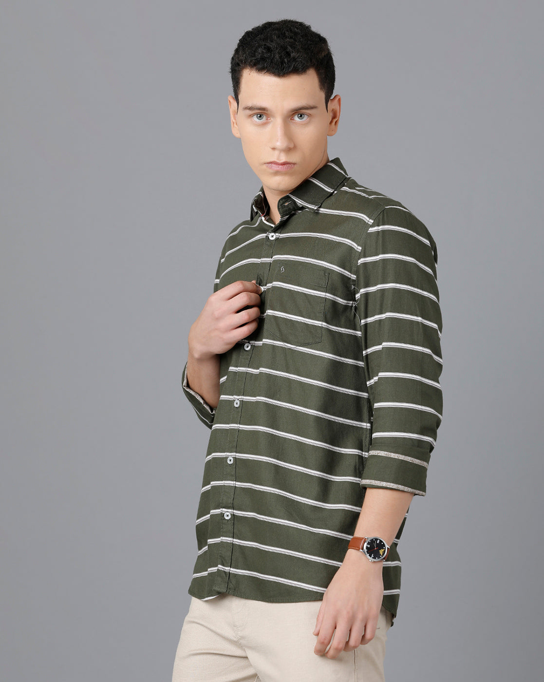 Classic Polo Mens Cotton Full Sleeve Striped Slim Fit Green Color Spread Collar Woven Shirt | Sn2-49 C