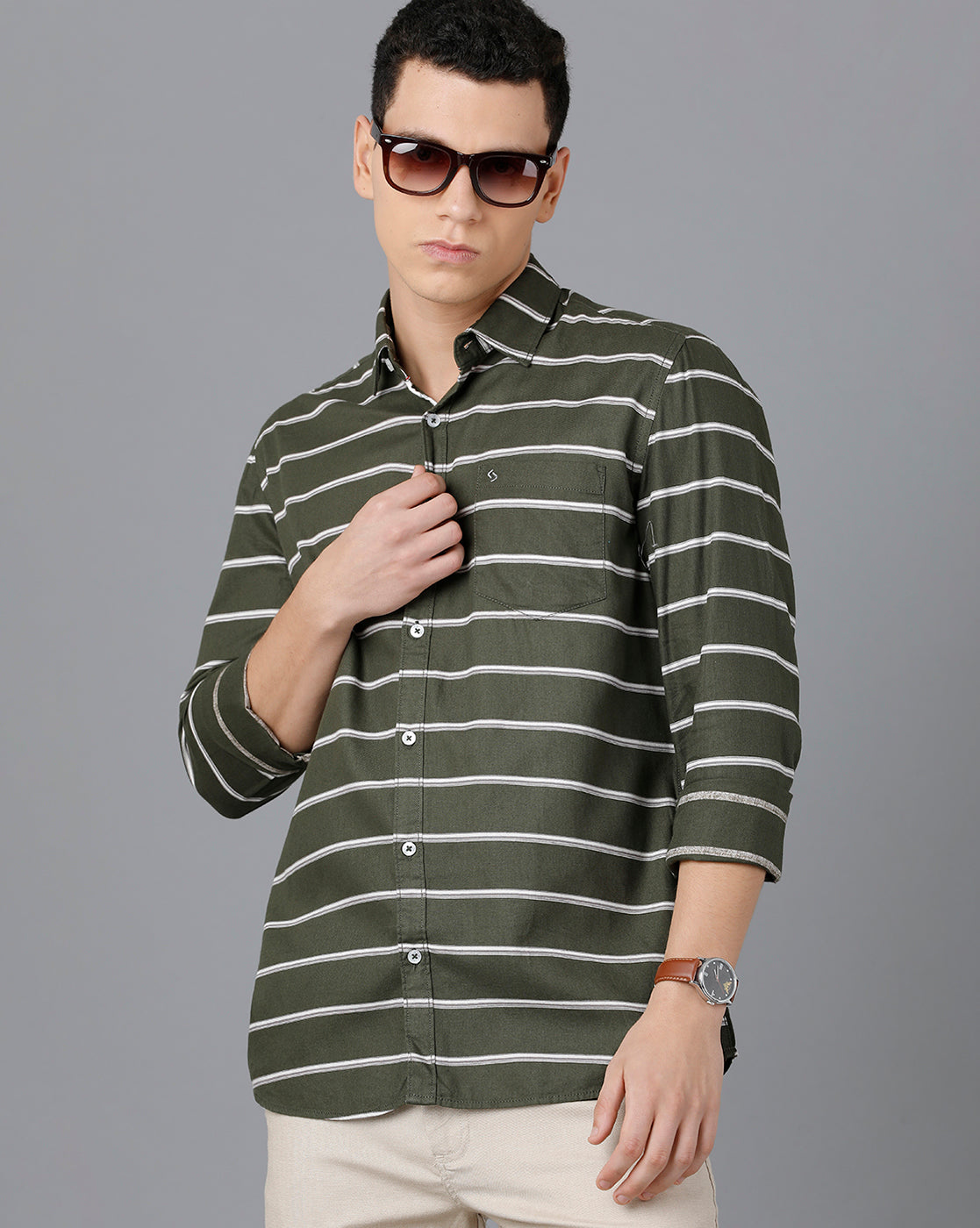 Classic Polo Mens Cotton Full Sleeve Striped Slim Fit Green Color Spread Collar Woven Shirt | Sn2-49 C