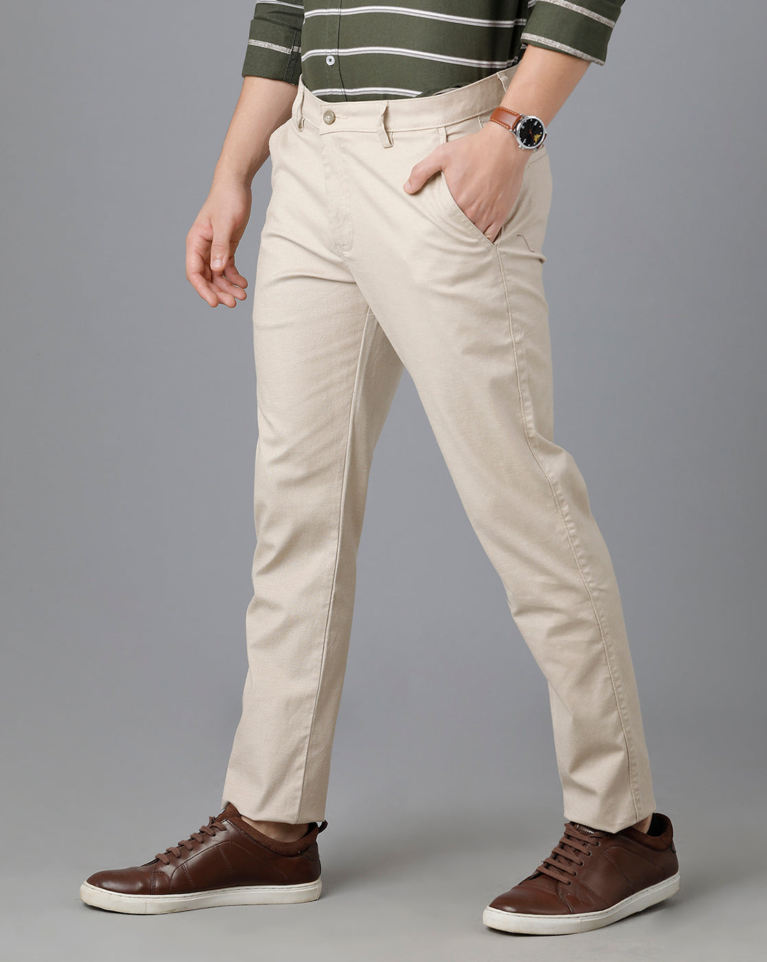 Classic Polo Mens Cotton Solid Slim Fit Beige Color Trouser | Tn2-06 A