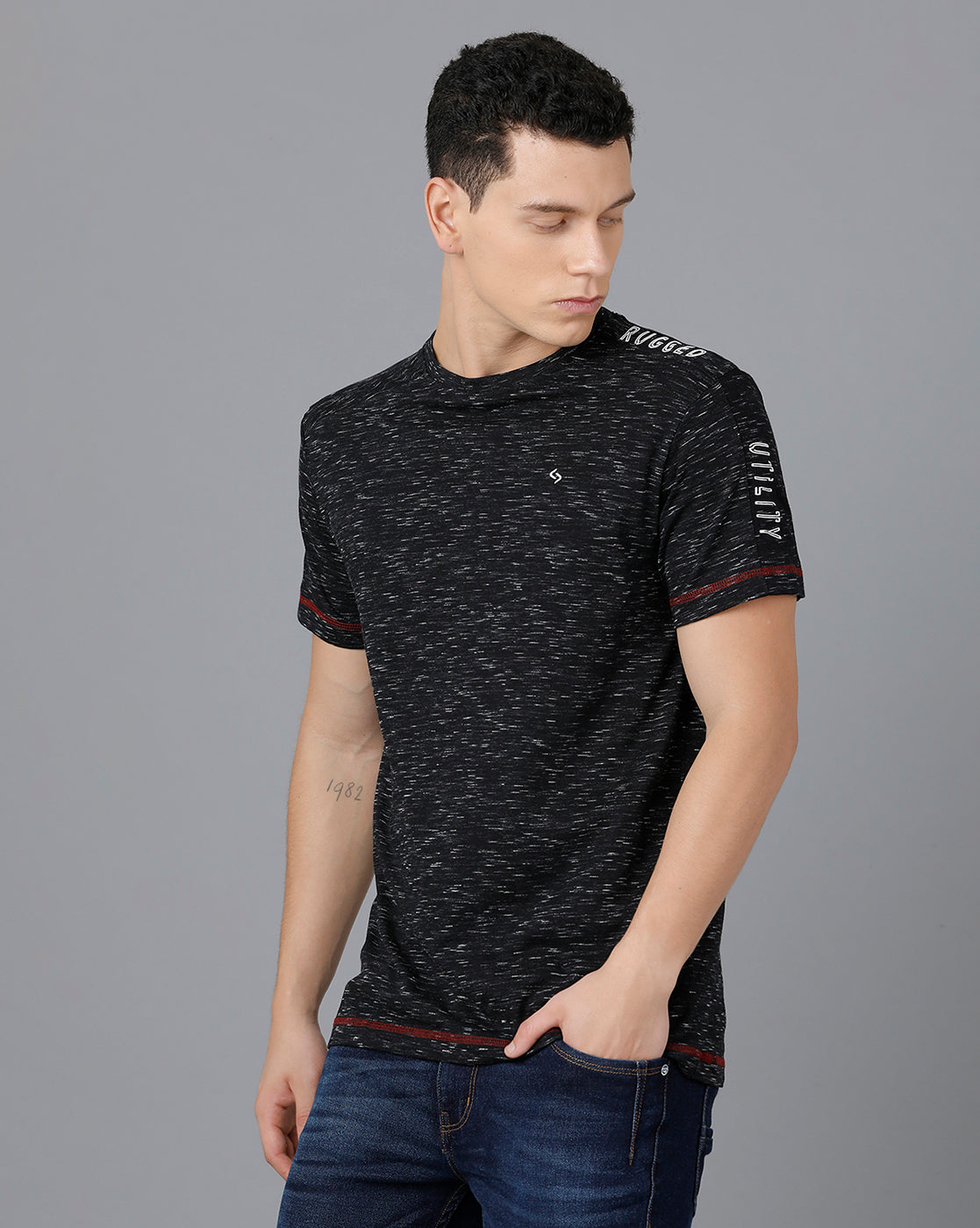 Classic Polo Mens Cotton Half Sleeve Self Design Slim Fit Black Color Round Neck T-Shirt | Baleno - 474 A
