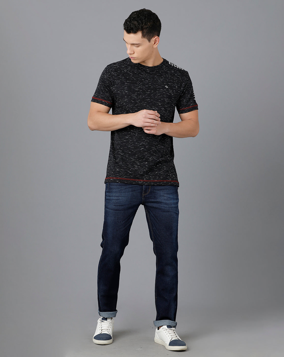 Classic Polo Mens Cotton Half Sleeve Self Design Slim Fit Black Color Round Neck T-Shirt | Baleno - 474 A