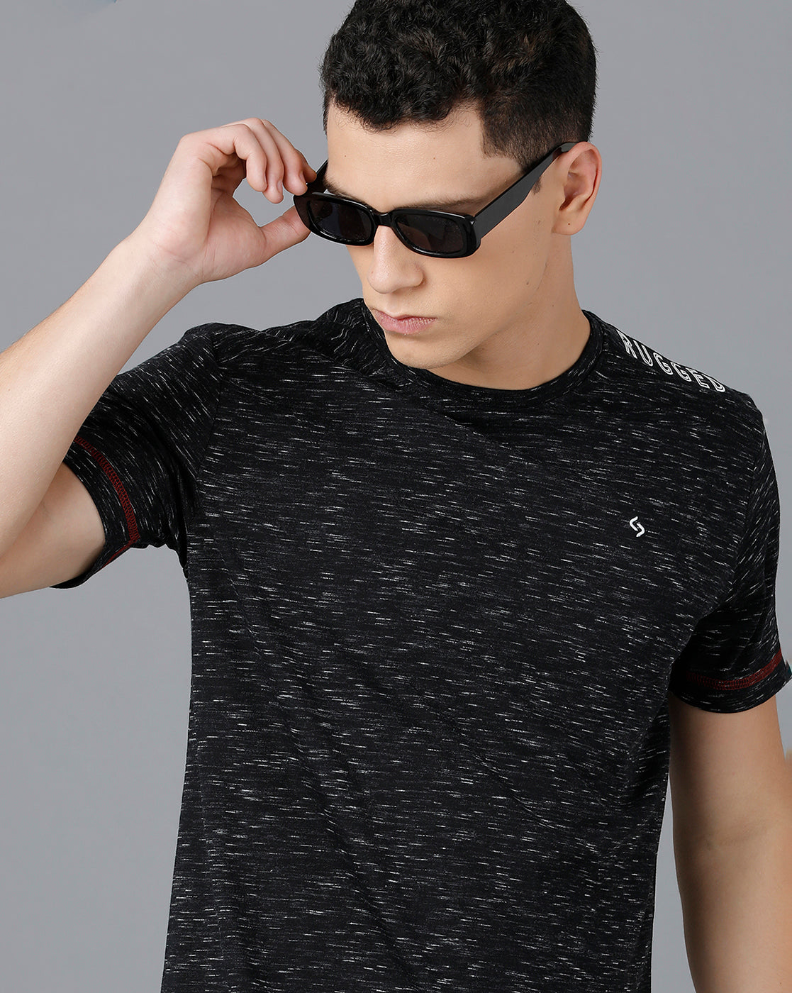 Classic Polo Mens Cotton Half Sleeve Self Design Slim Fit Black Color Round Neck T-Shirt | Baleno - 474 A