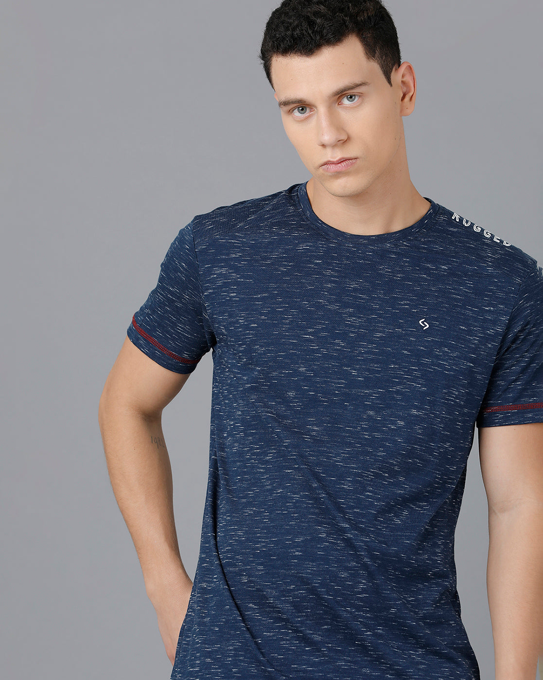 Classic Polo Mens Cotton Half Sleeve Self Design Slim Fit Navy Blue Color Round Neck T-Shirt | Baleno - 474 B