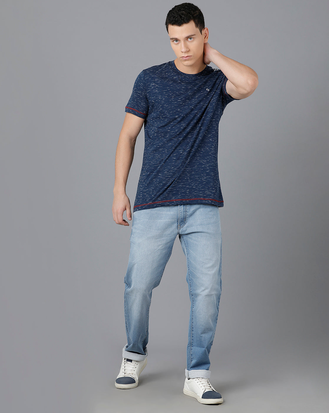 Classic Polo Mens Cotton Half Sleeve Self Design Slim Fit Navy Blue Color Round Neck T-Shirt | Baleno - 474 B