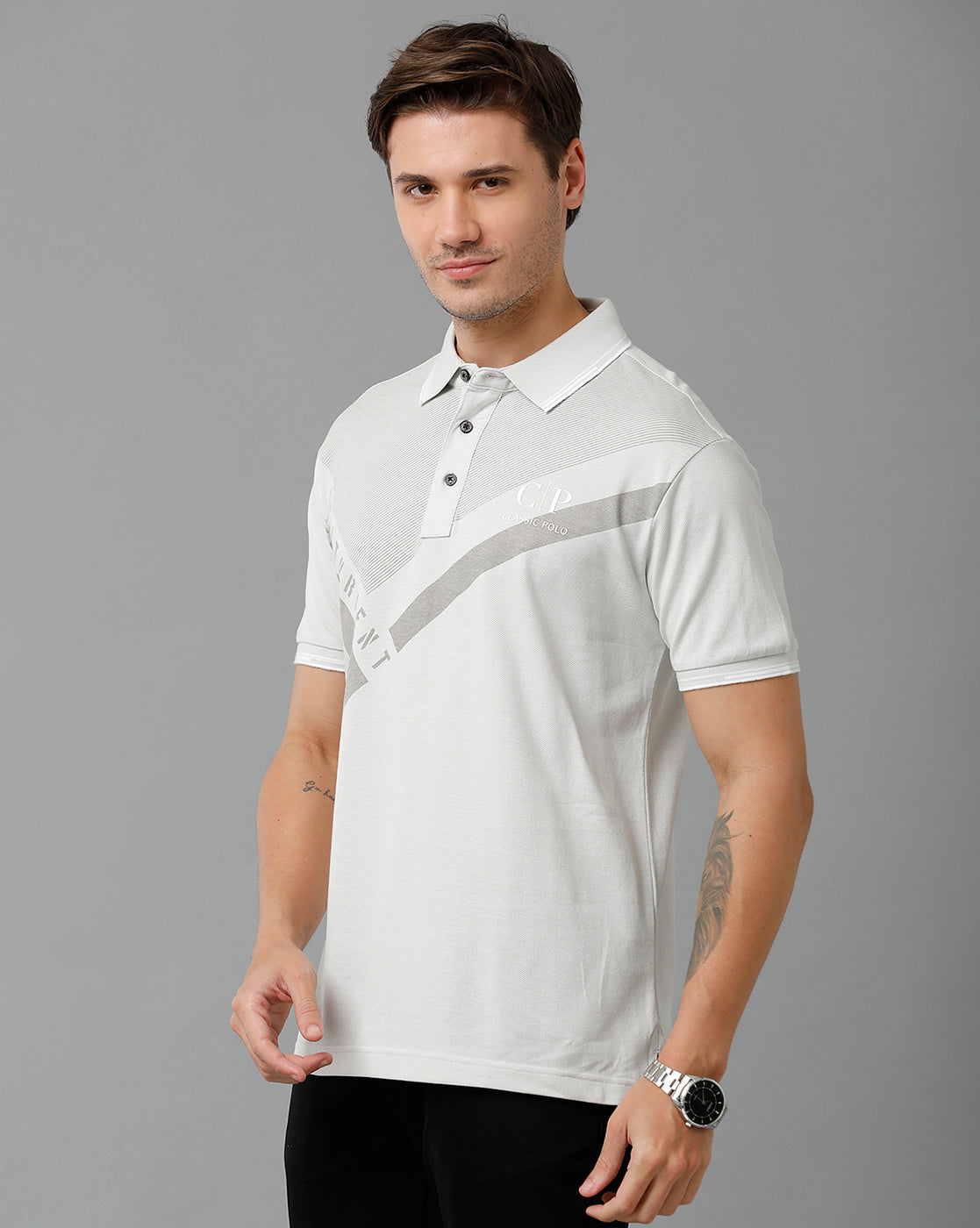 Classic Polo Men's Cotton Half Sleeve Printed Slim Fit Polo Neck Grey Color T-Shirt | Vivid Polo - 01 B