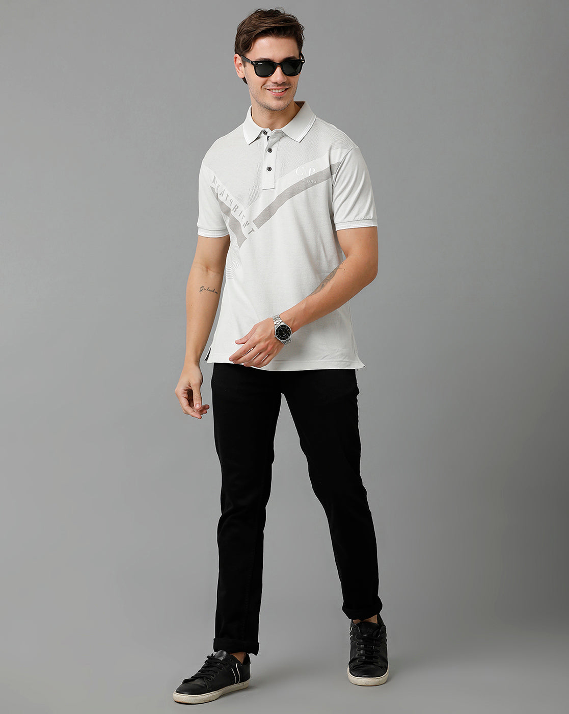 Classic Polo Men's Cotton Half Sleeve Printed Slim Fit Polo Neck Grey Color T-Shirt | Vivid Polo - 01 B