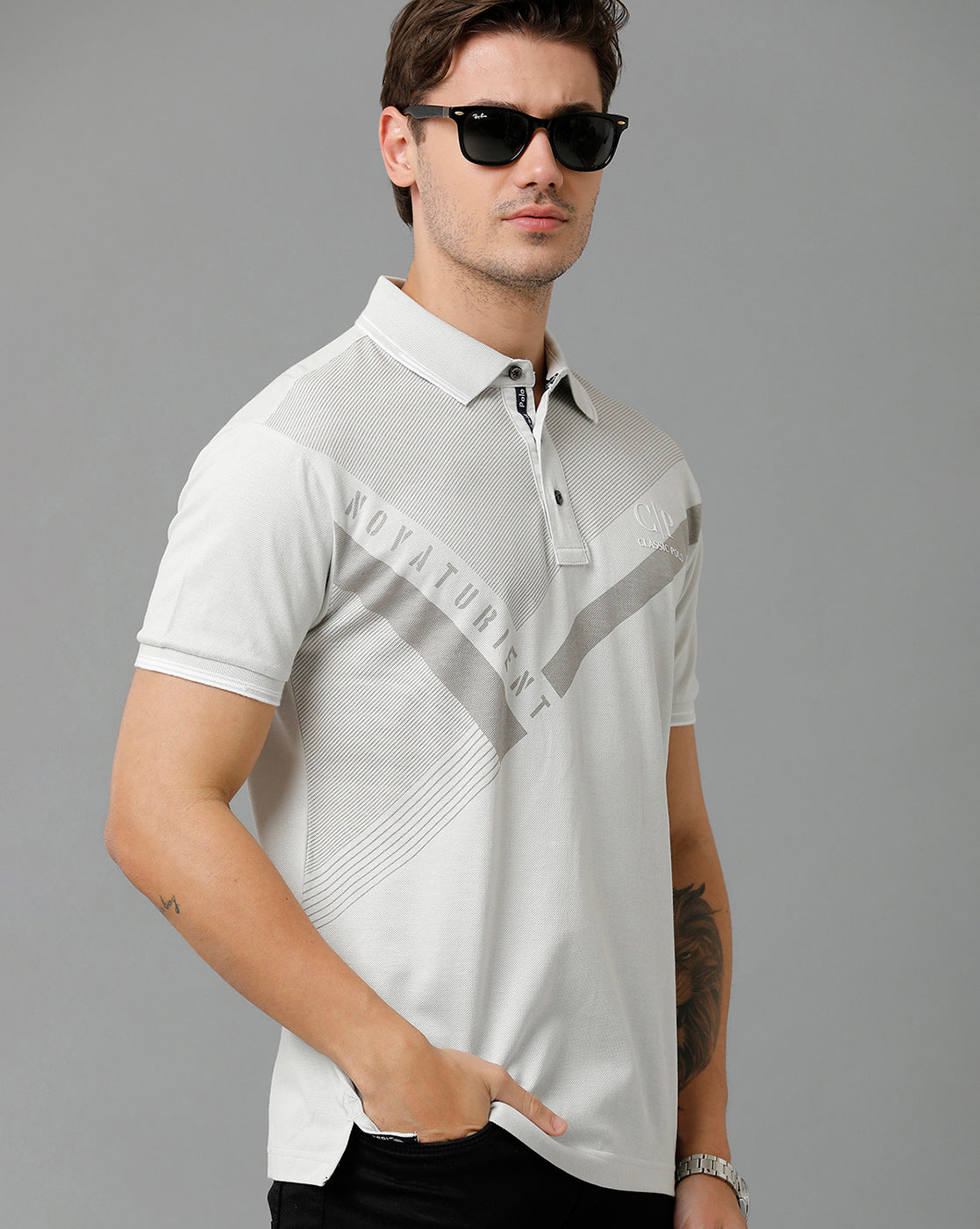 Classic Polo Men's Cotton Half Sleeve Printed Slim Fit Polo Neck Grey Color T-Shirt | Vivid Polo - 01 B