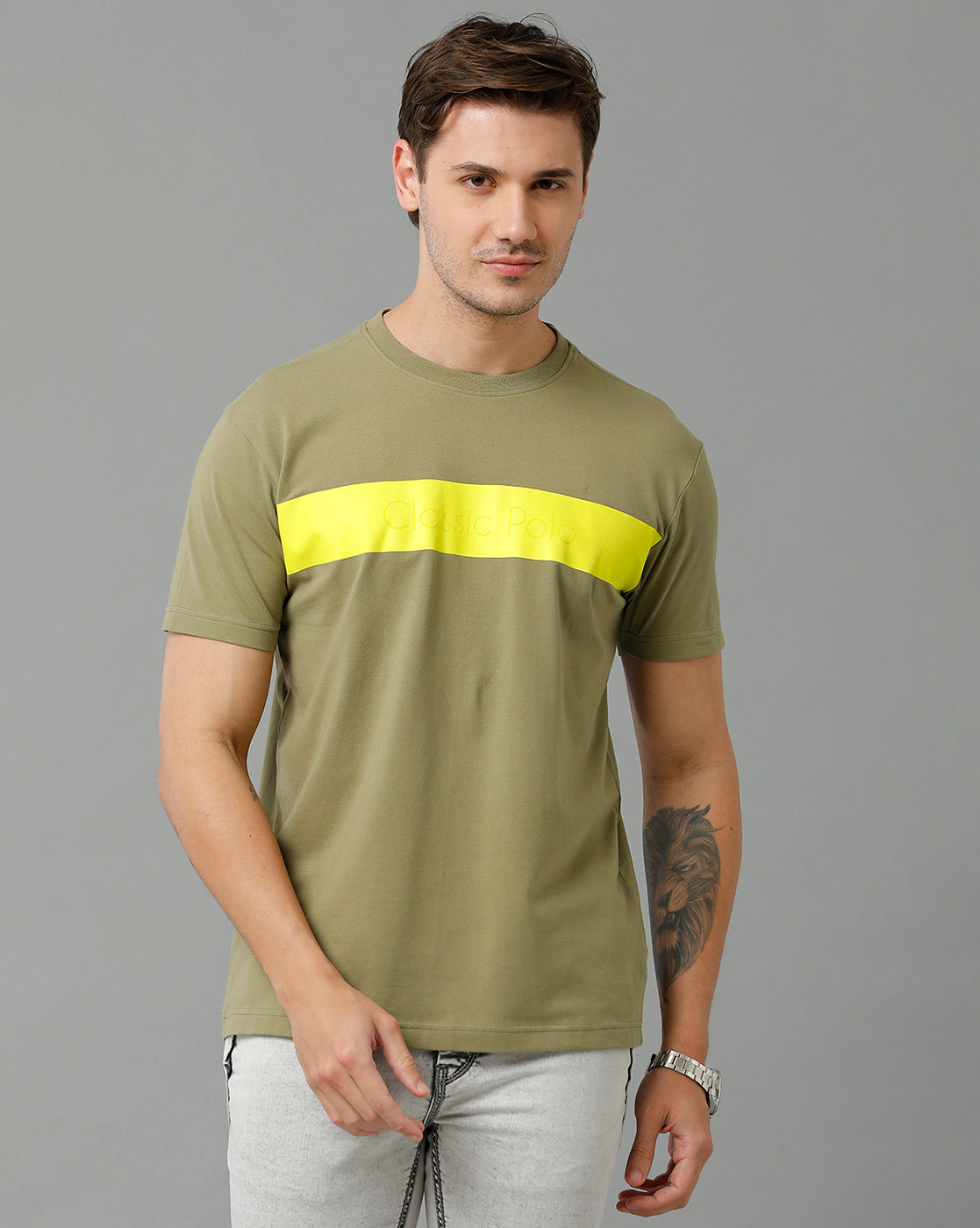 Classic Polo Men's Cotton Half Sleeve Printed Slim Fit Round Neck Yellow Color T-Shirt | Baleno - 508 A