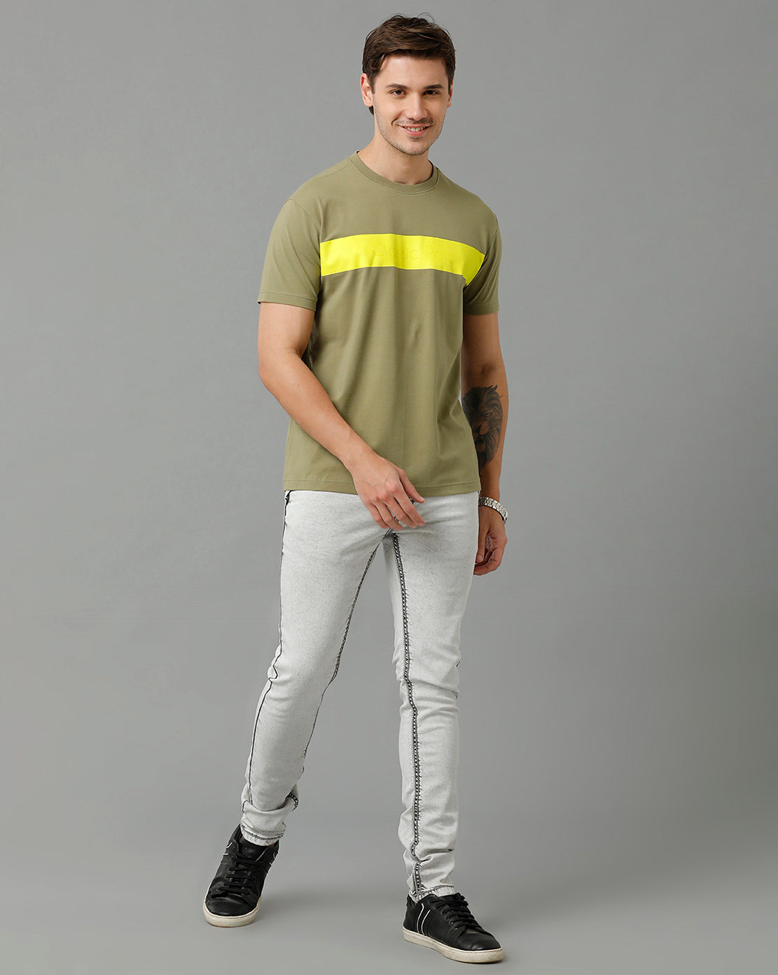 Classic Polo Men's Cotton Half Sleeve Printed Slim Fit Round Neck Yellow Color T-Shirt | Baleno - 508 A