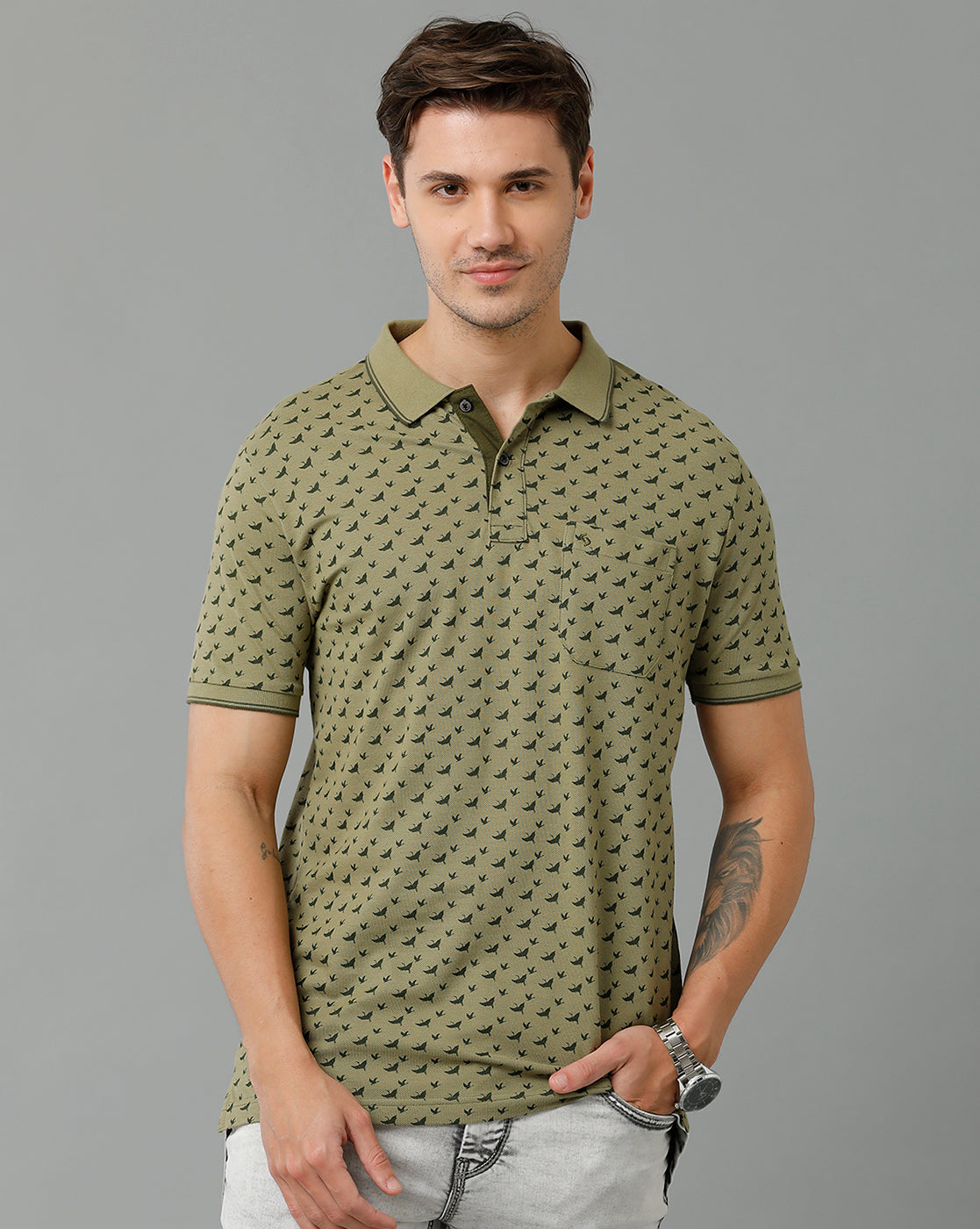 Classic Polo Men's Cotton Half Sleeve Printed Slim Fit Polo Neck Olive Color T-Shirt | Beau - 200 B