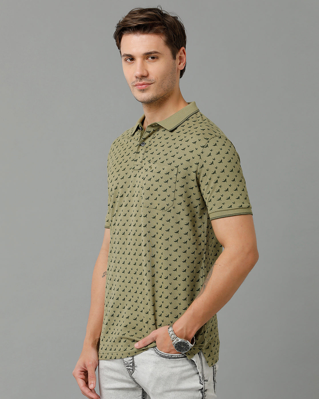 Classic Polo Men's Cotton Half Sleeve Printed Slim Fit Polo Neck Olive Color T-Shirt | Beau - 200 B