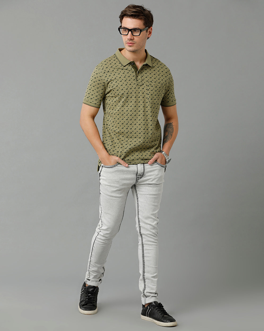 Classic Polo Men's Cotton Half Sleeve Printed Slim Fit Polo Neck Olive Color T-Shirt | Beau - 200 B