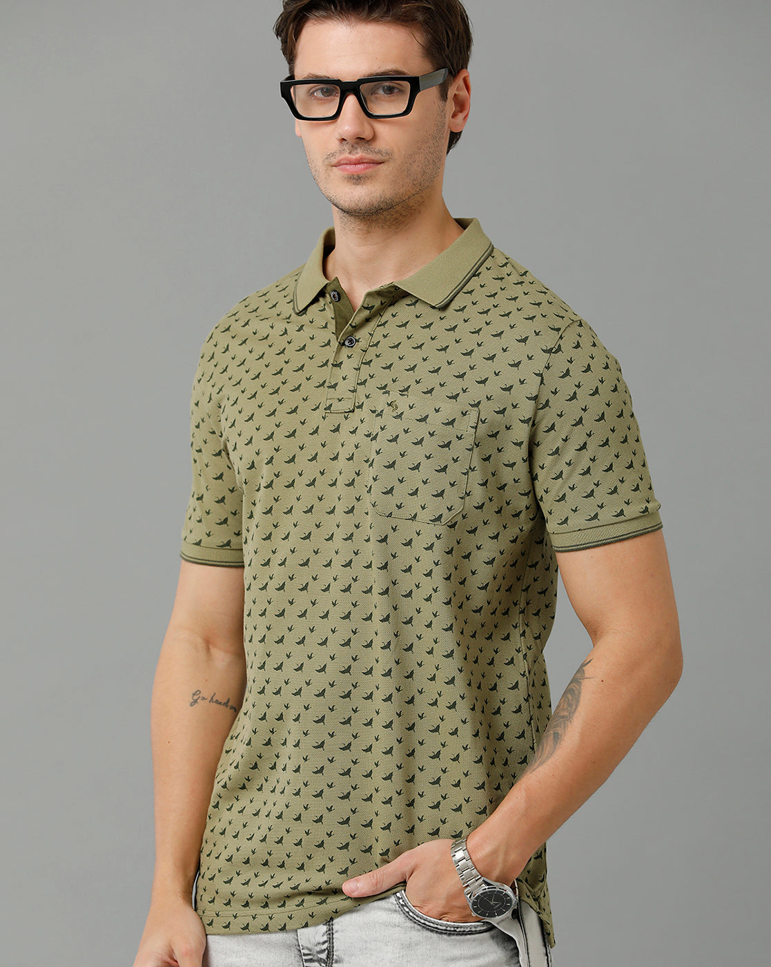 Classic Polo Men's Cotton Half Sleeve Printed Slim Fit Polo Neck Olive Color T-Shirt | Beau - 200 B