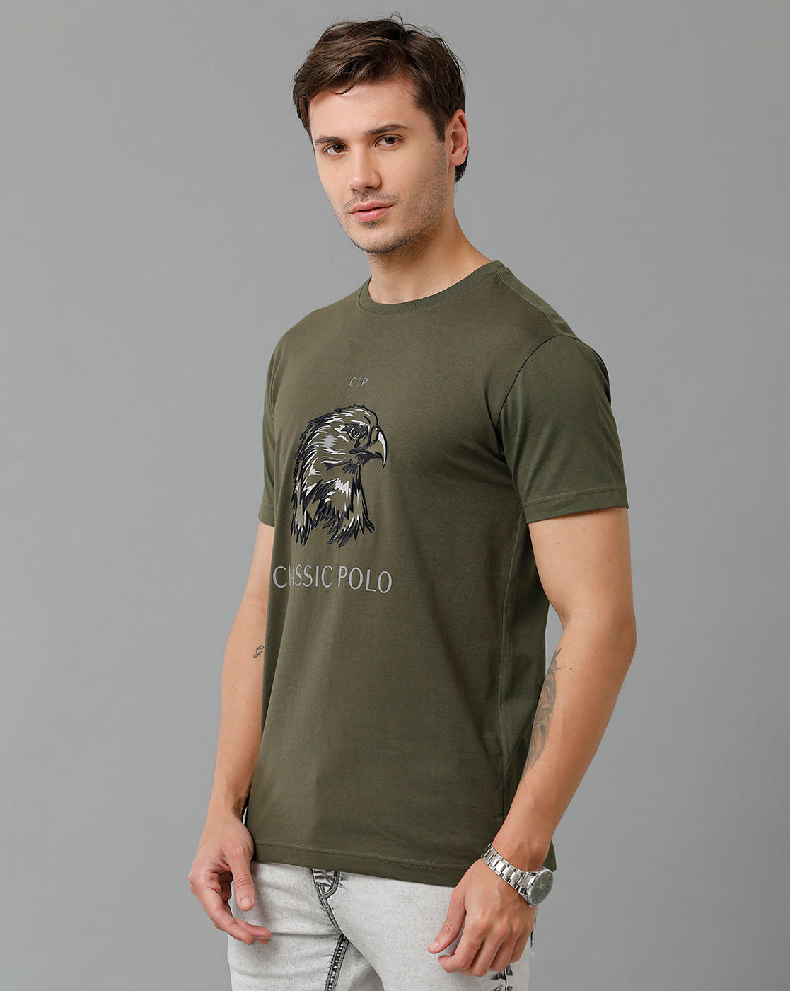 Classic Polo Men's Cotton Half Sleeve Printed Slim Fit Round Neck Dark Green Color T-Shirt | Baleno - 513 B