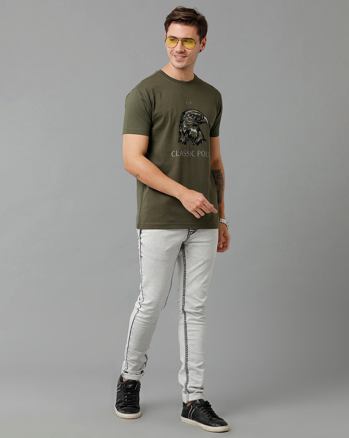 Classic Polo Men's Cotton Half Sleeve Printed Slim Fit Round Neck Dark Green Color T-Shirt | Baleno - 513 B
