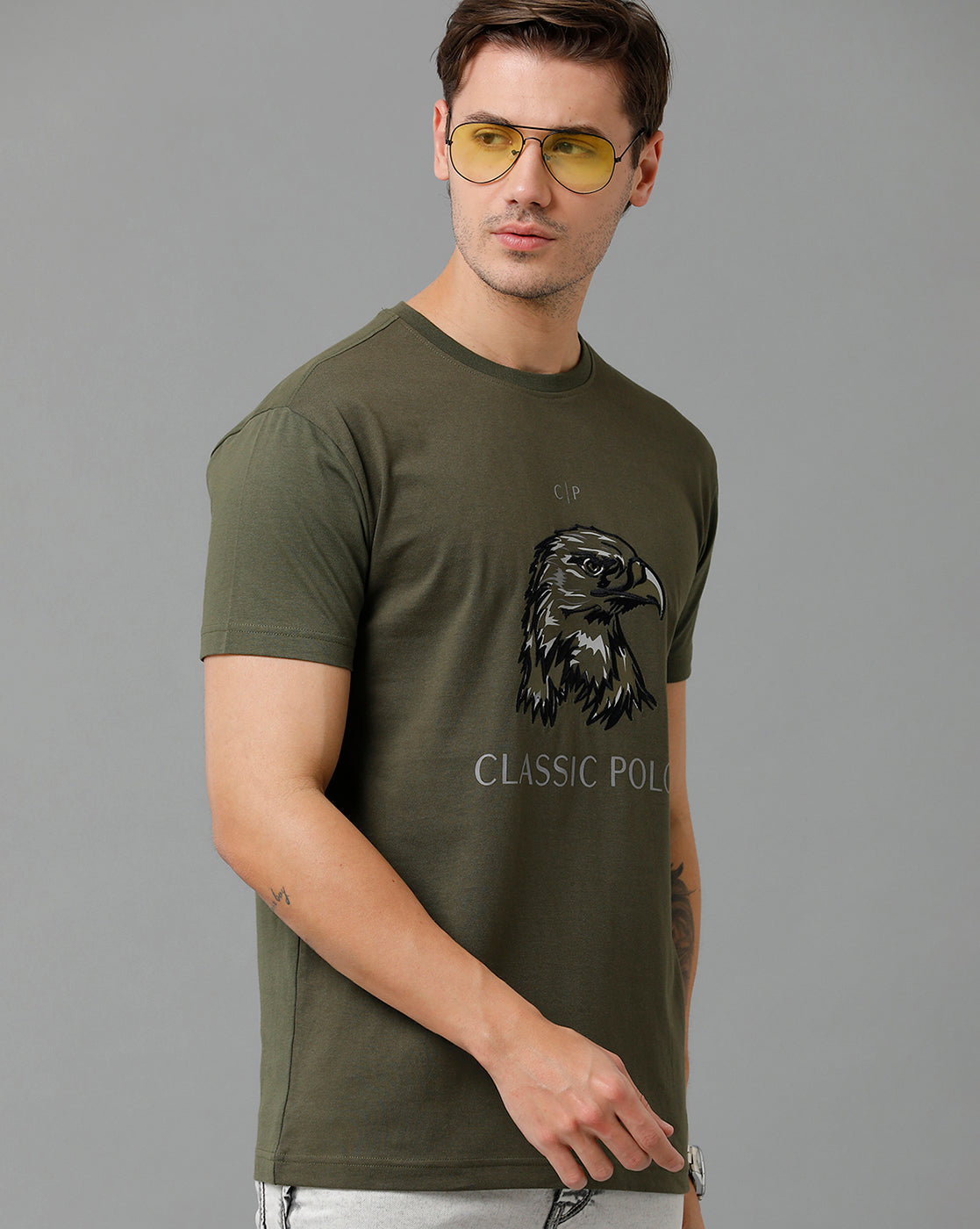 Classic Polo Men's Cotton Half Sleeve Printed Slim Fit Round Neck Dark Green Color T-Shirt | Baleno - 513 B
