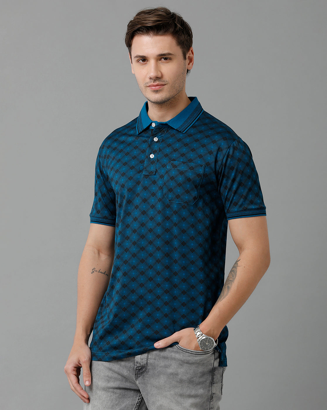 Classic Polo Men's Cotton Half Sleeve Printed Slim Fit Polo Neck Navy Color T-Shirt | Scant - 18 B