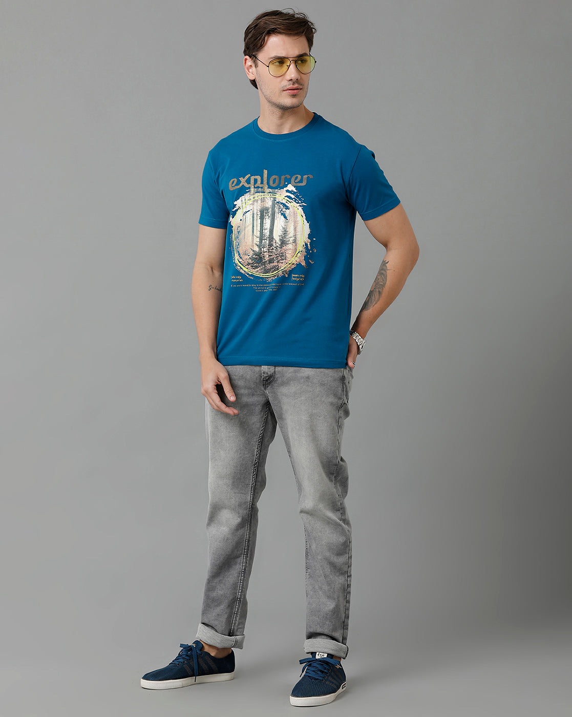 Classic Polo Men's Cotton Half Sleeve Printed Slim Fit Round Neck Blue Color T-Shirt | Baleno - 505 A