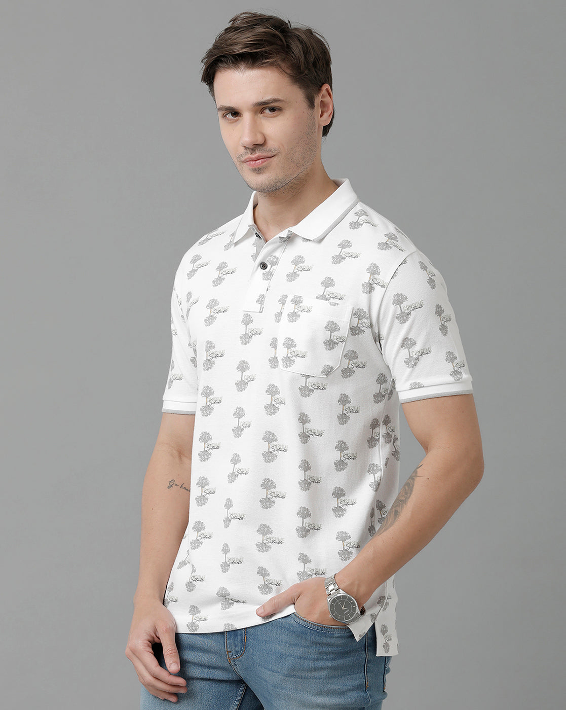 Classic Polo Men's Cotton Half Sleeve Printed Slim Fit Polo Neck White Color T-Shirt | Beau - 197 A