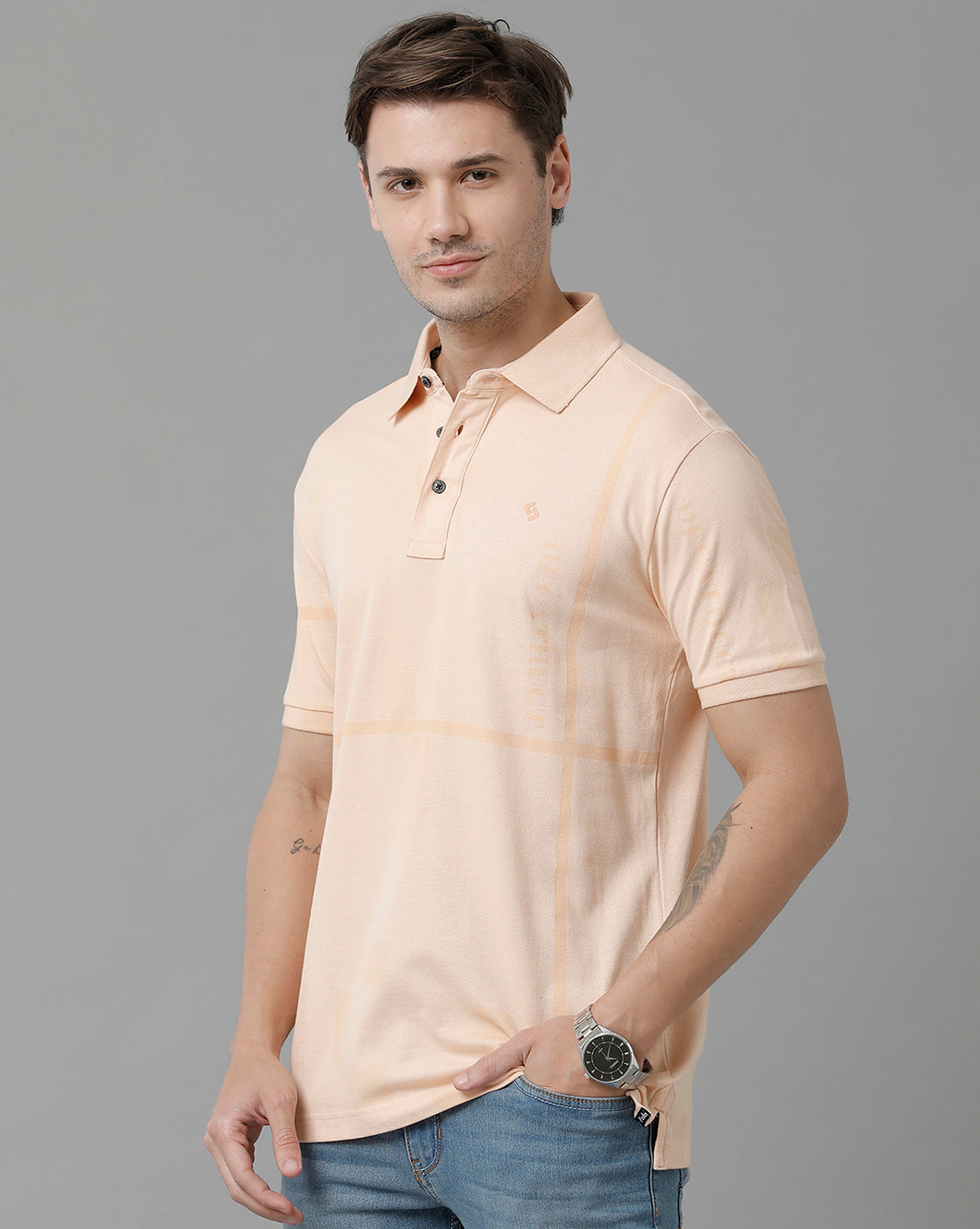 Classic Polo Men's Cotton Half Sleeve Printed Slim Fit Polo Neck Cream Color T-Shirt | Vivid Polo - 09 B