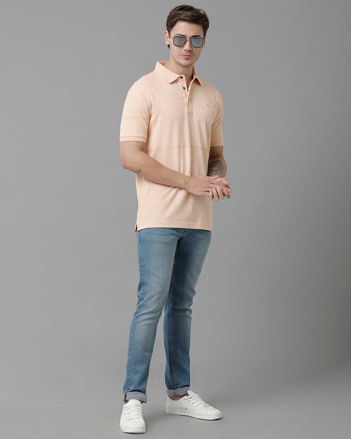 Classic Polo Men's Cotton Half Sleeve Printed Slim Fit Polo Neck Cream Color T-Shirt | Vivid Polo - 09 B