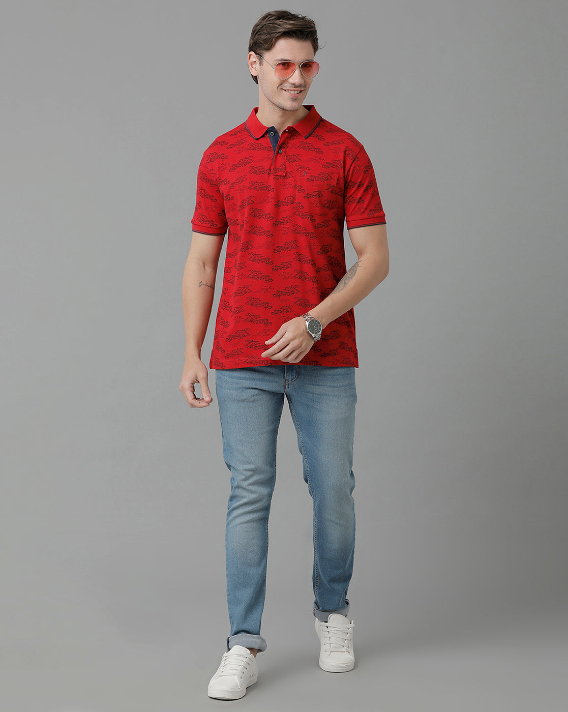 Classic Polo Men's Cotton Half Sleeve Printed Slim Fit Polo Neck Red Color T-Shirt | Beau - 198 B
