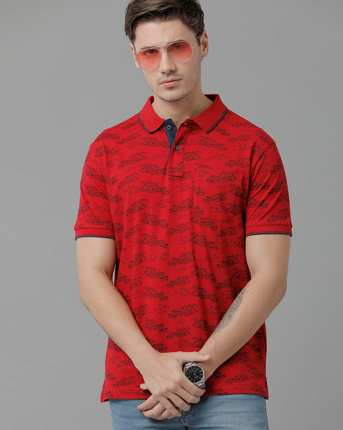 Classic Polo Men's Cotton Half Sleeve Printed Slim Fit Polo Neck Red Color T-Shirt | Beau - 198 B