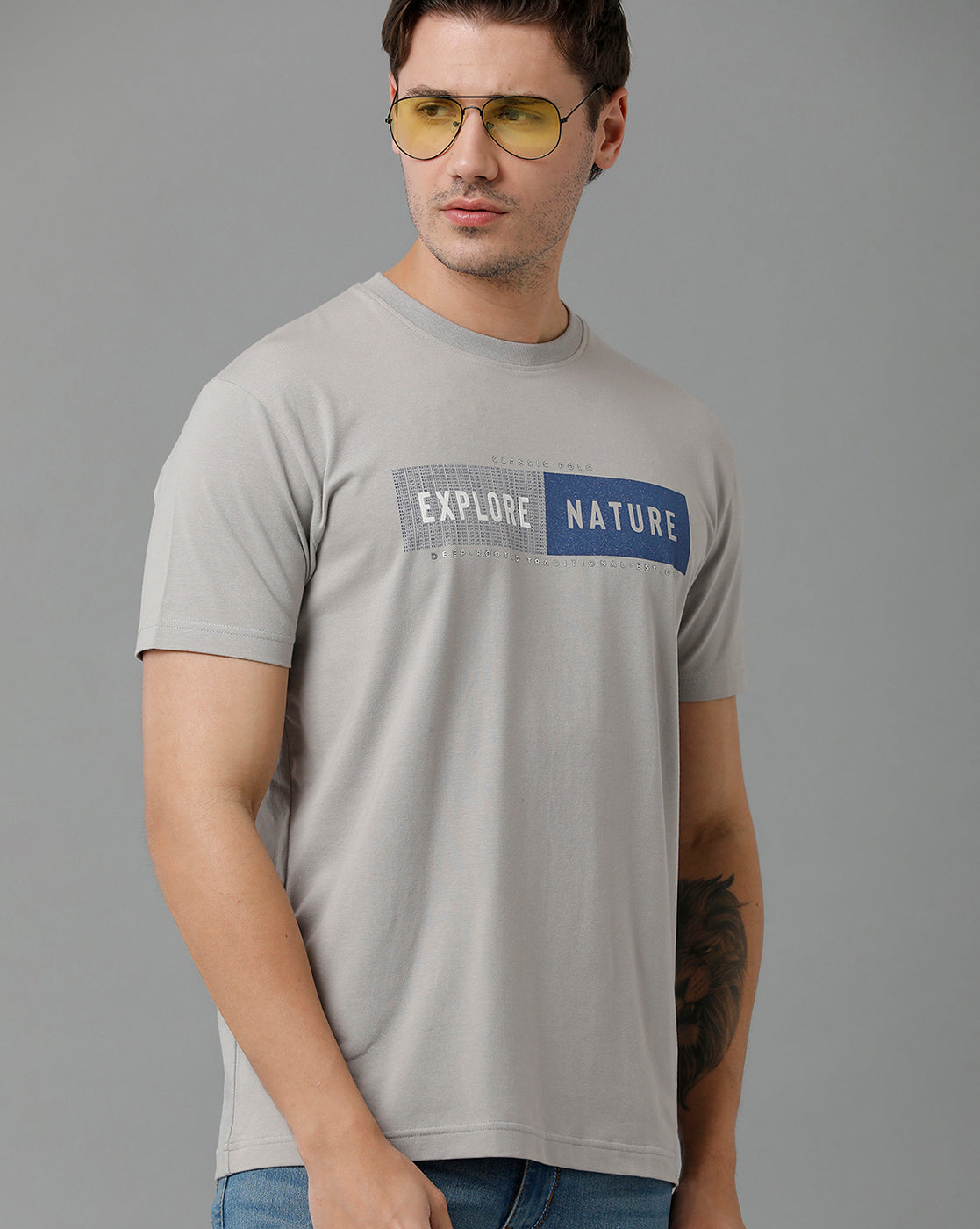 Classic Polo Men's Cotton Half Sleeve Printed Slim Fit Round Neck Grey Color T-Shirt | Baleno - 496 B