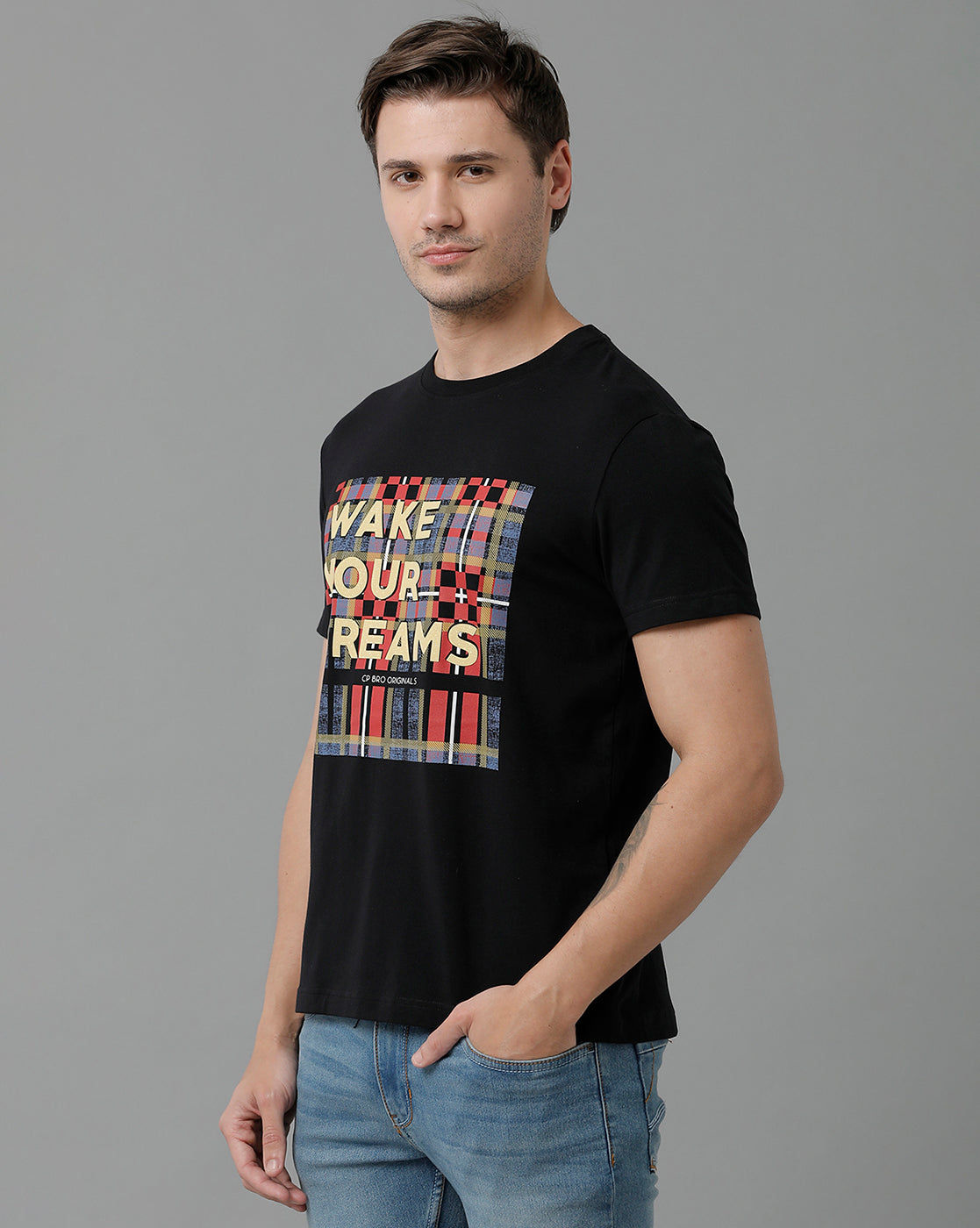 CP BRO Men's Cotton Half Sleeve Printed Slim Fit Round Neck Black Color T-Shirt | Brcn - 526 A