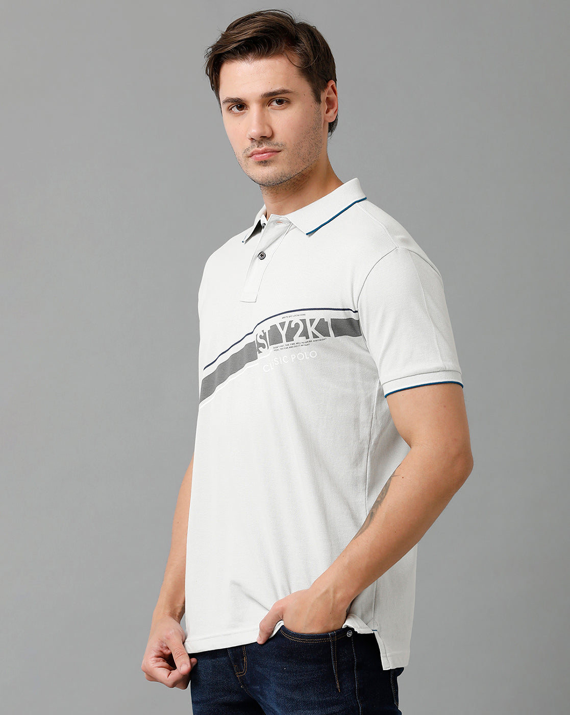 Classic Polo Men's Cotton Half Sleeve Printed Slim Fit Polo Neck White Color T-Shirt | Vivid Polo - 08 B