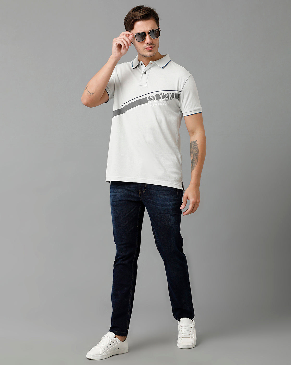 Classic Polo Men's Cotton Half Sleeve Printed Slim Fit Polo Neck White Color T-Shirt | Vivid Polo - 08 B