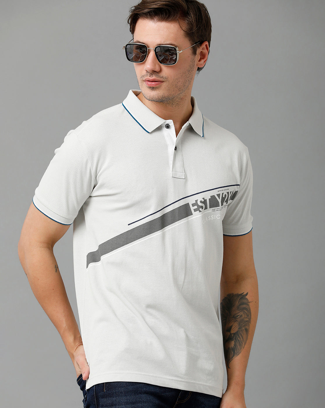 Classic Polo Men's Cotton Half Sleeve Printed Slim Fit Polo Neck White Color T-Shirt | Vivid Polo - 08 B