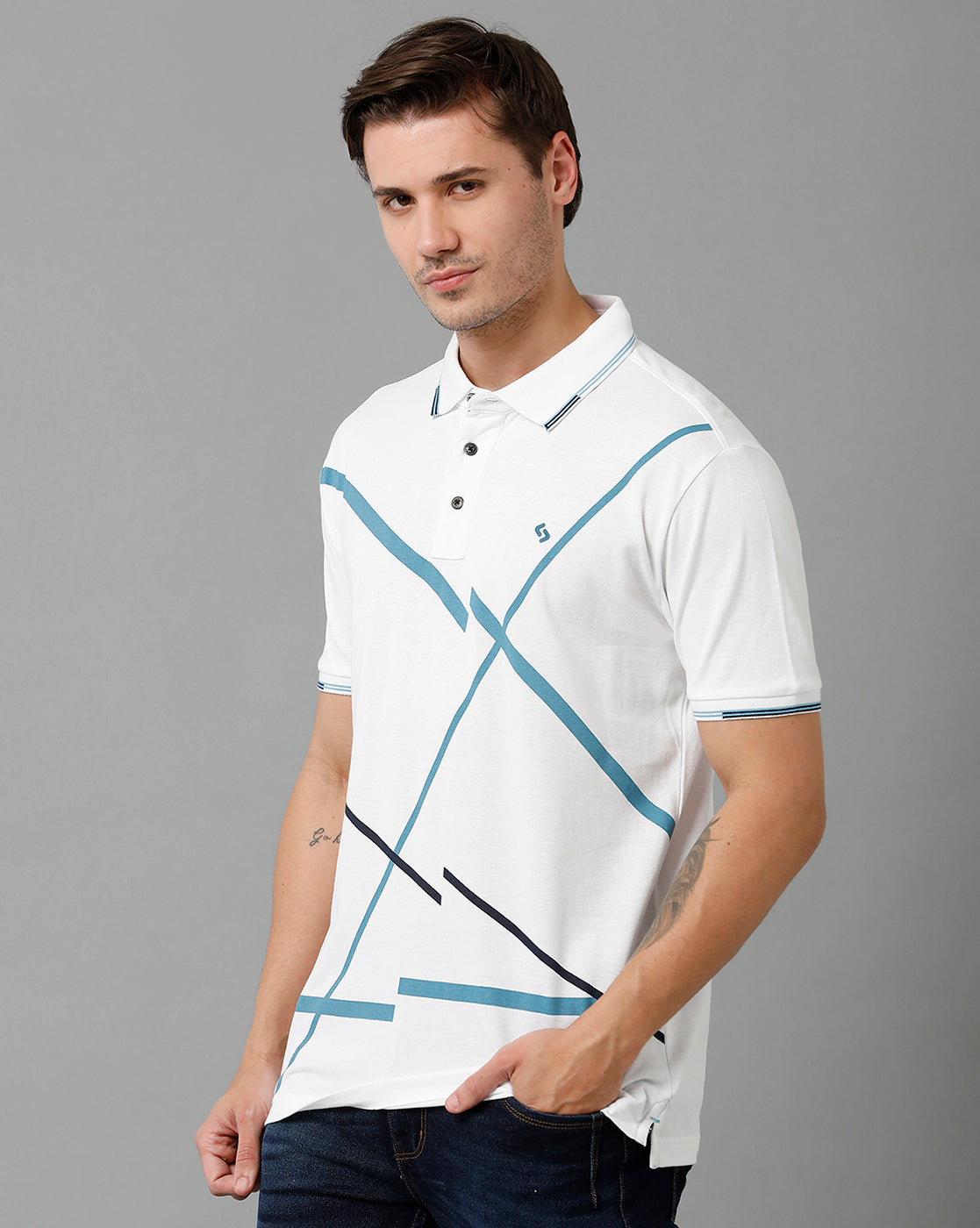Men White Print Polo Neck T-shirt