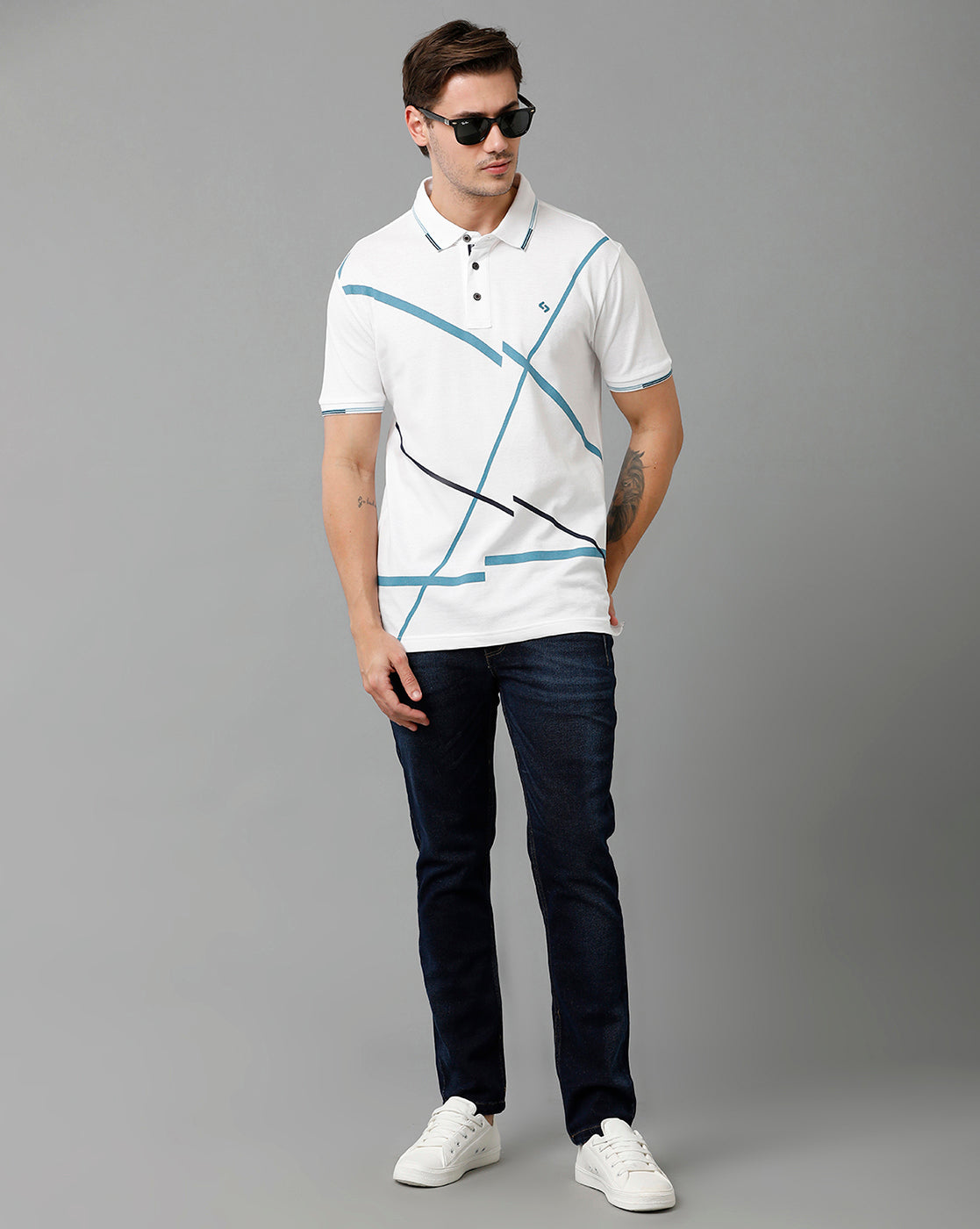 Classic Polo Men's Cotton Half Sleeve Printed Slim Fit Polo Neck White Color T-Shirt | Vivid Polo - 06 A