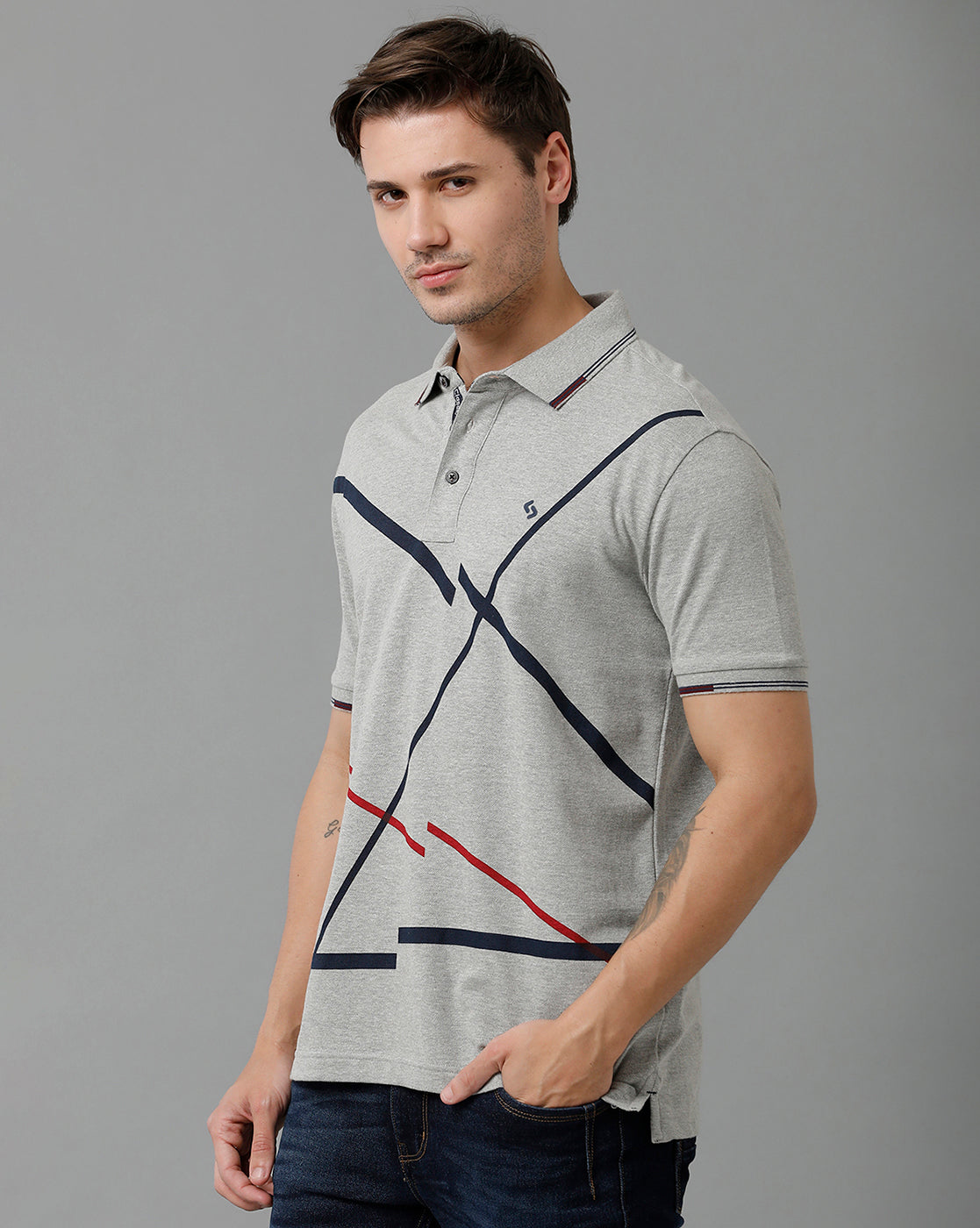Classic Polo Men's Cotton Half Sleeve Printed Slim Fit Polo Neck Grey Color T-Shirt | Vivid Polo - 06 B