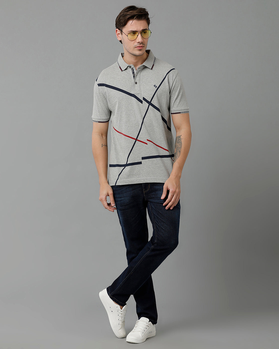 Classic Polo Men's Cotton Half Sleeve Printed Slim Fit Polo Neck Grey Color T-Shirt | Vivid Polo - 06 B