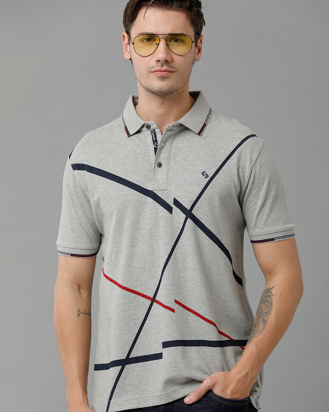 Classic Polo Men's Cotton Half Sleeve Printed Slim Fit Polo Neck Grey Color T-Shirt | Vivid Polo - 06 B