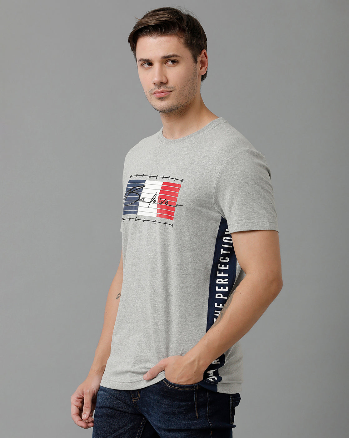 CP BRO Men's Cotton Half Sleeve Printed Slim Fit Polo Neck Grey Color T-Shirt | Brcn - 518 A