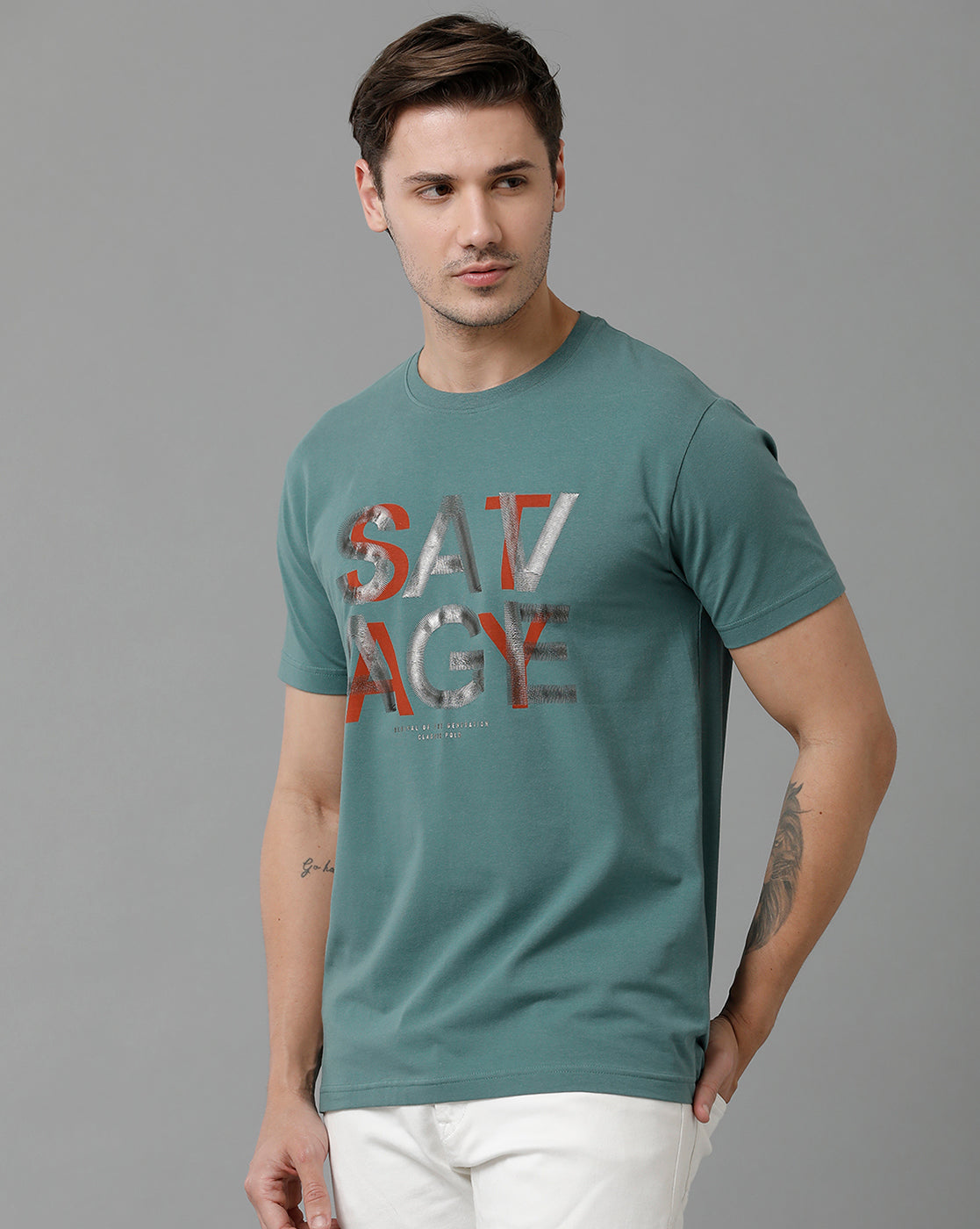 Classic Polo Men's Cotton Half Sleeve Printed Slim Fit Round Neck Grey Color T-Shirt | Baleno - 497 B