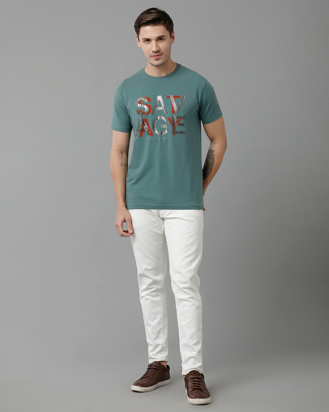 Classic Polo Men's Cotton Half Sleeve Printed Slim Fit Round Neck Grey Color T-Shirt | Baleno - 497 B